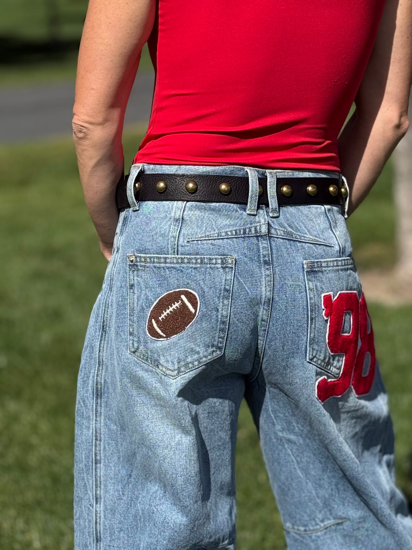 Football Patch Back Pockets Barrel Jeans