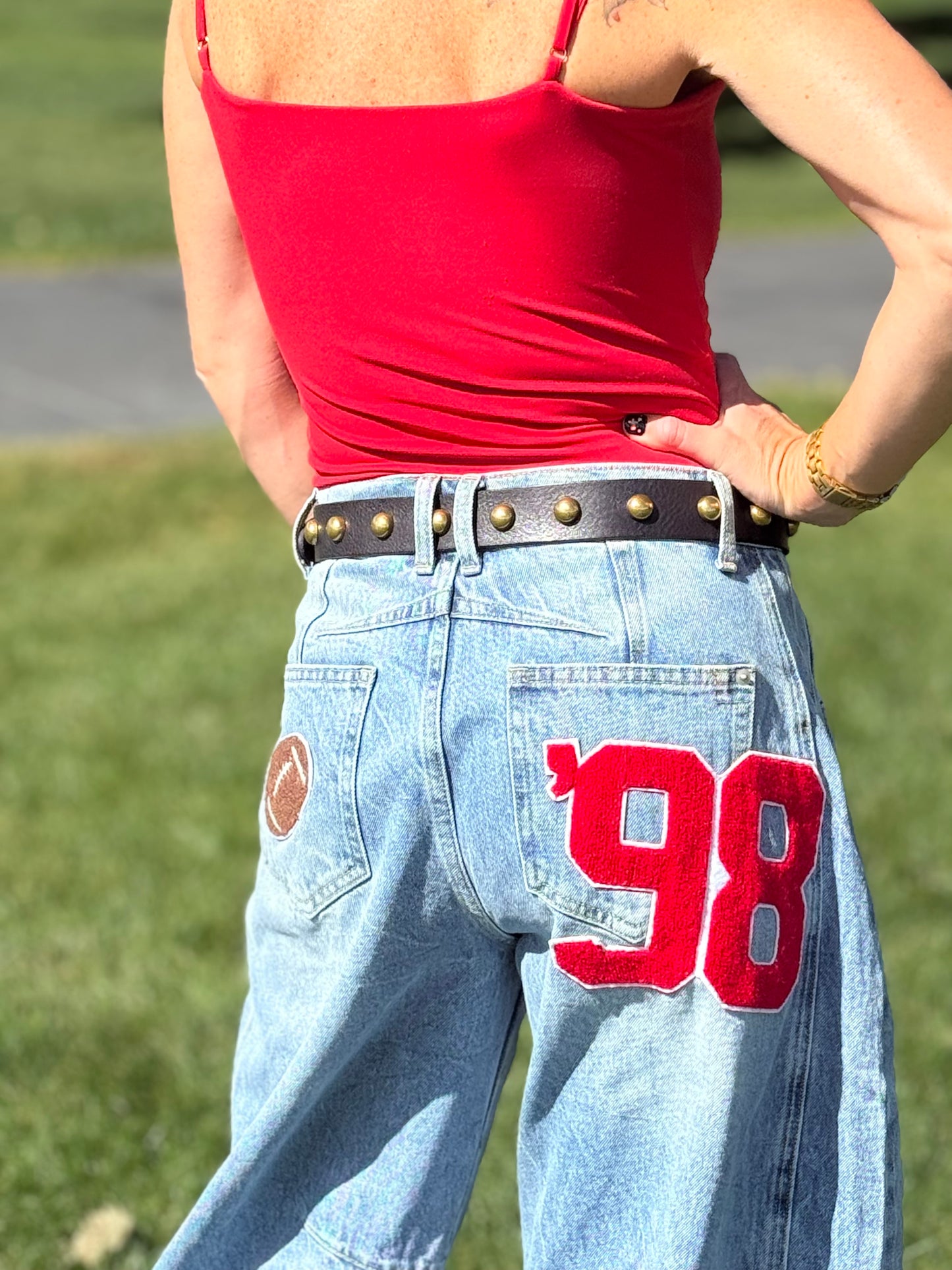 Football Patch Back Pockets Barrel Jeans