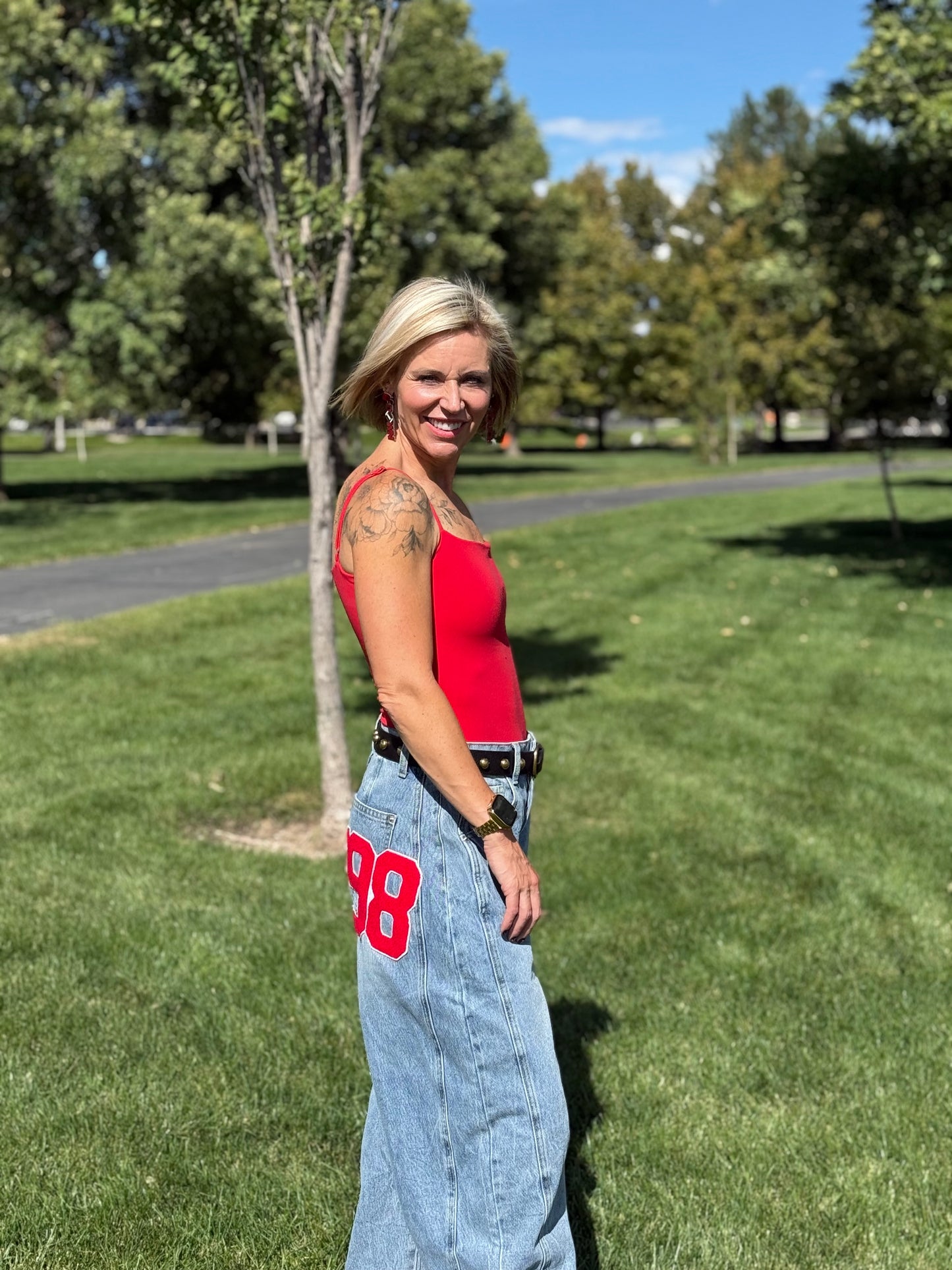Football Patch Back Pockets Barrel Jeans
