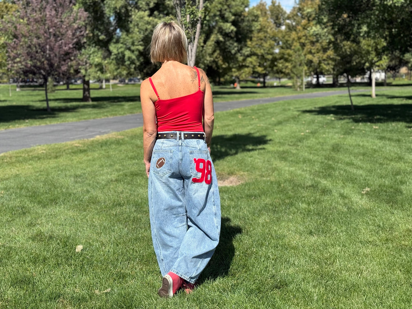 Football Patch Back Pockets Barrel Jeans