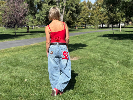 Football Patch Back Pockets Barrel Jeans