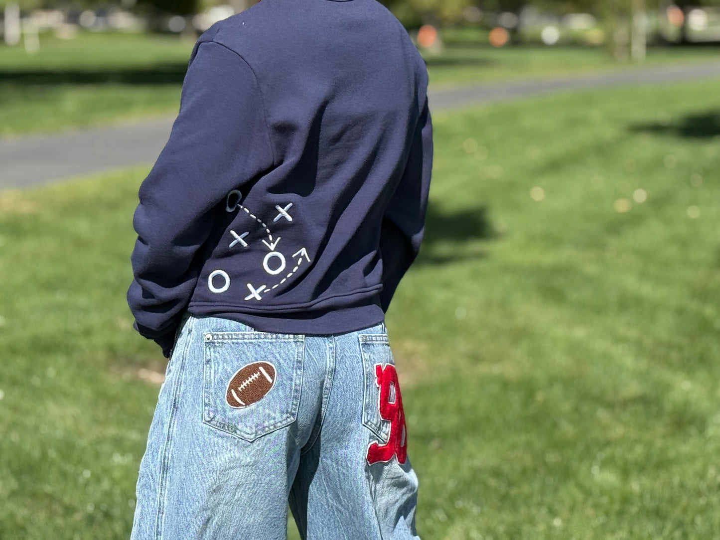 Football Patch Back Pockets Barrel Jeans