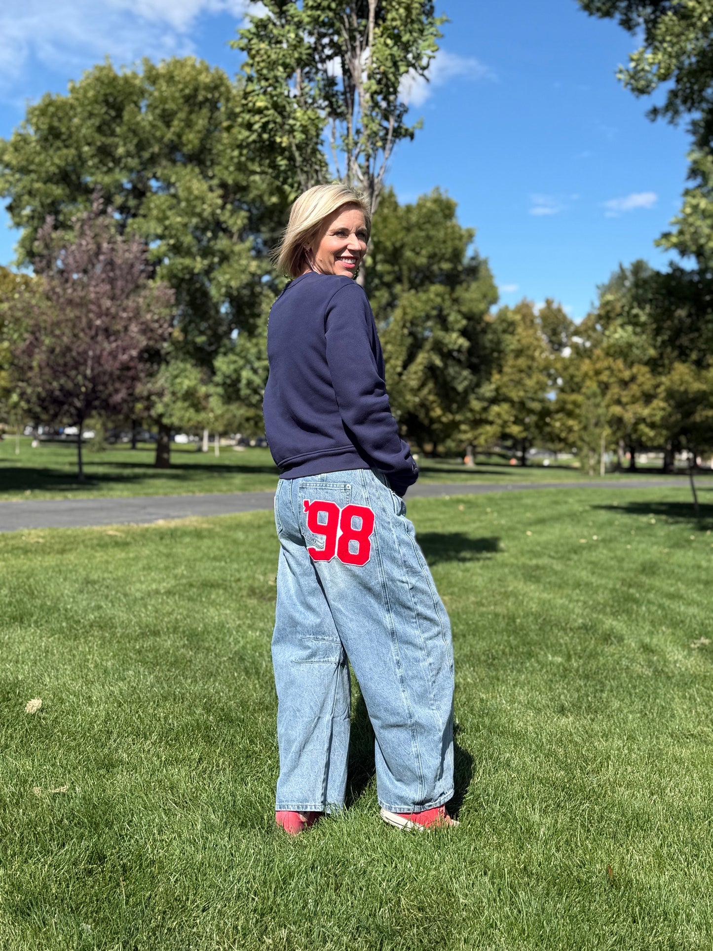 Football Patch Back Pockets Barrel Jeans